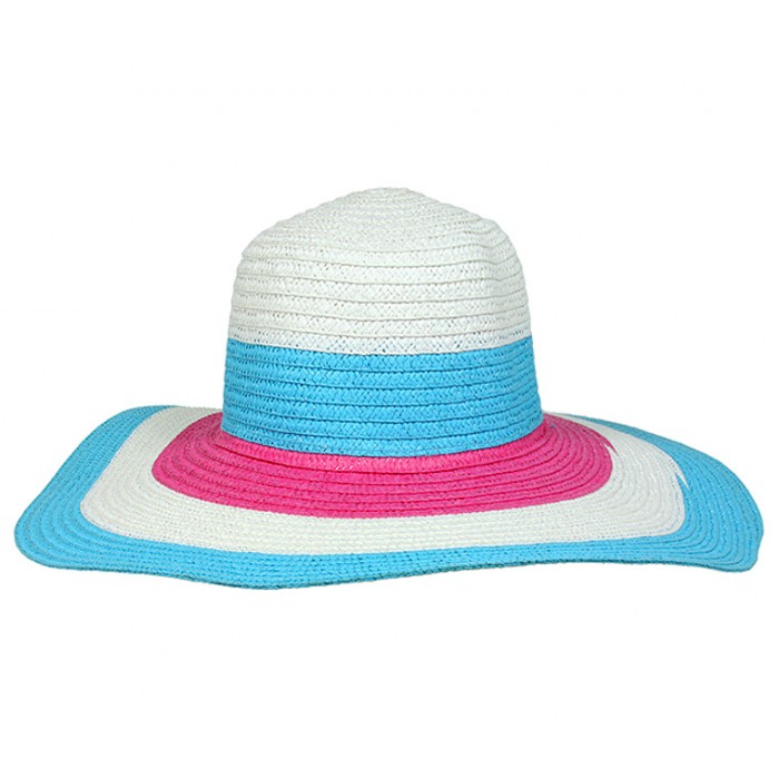 Wide Brim Straw Hat w/ Color Stripes - Blue - HT-SHT2324BL